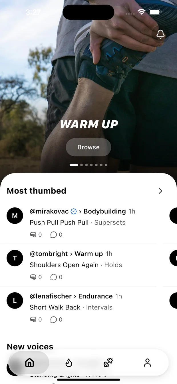 The TrainFloor home screen, showing a category and a list of workouts posted by coaches