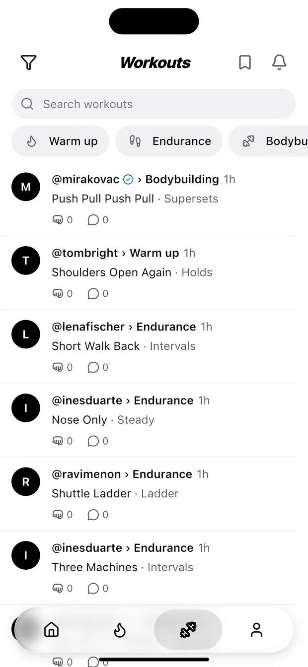 The workouts screen, with a search field, category filters and a list of sessions from six coaches